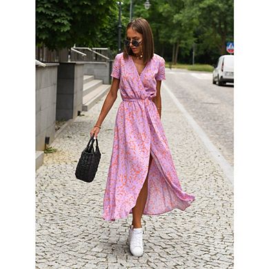 Womens Summer Maxi Dress Casual Wrap Floral Boho Short Sleeve V Neck Split Ruffle Beach Long Dresses