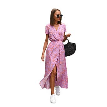Womens Summer Maxi Dress Casual Wrap Floral Boho Short Sleeve V Neck Split Ruffle Beach Long Dresses