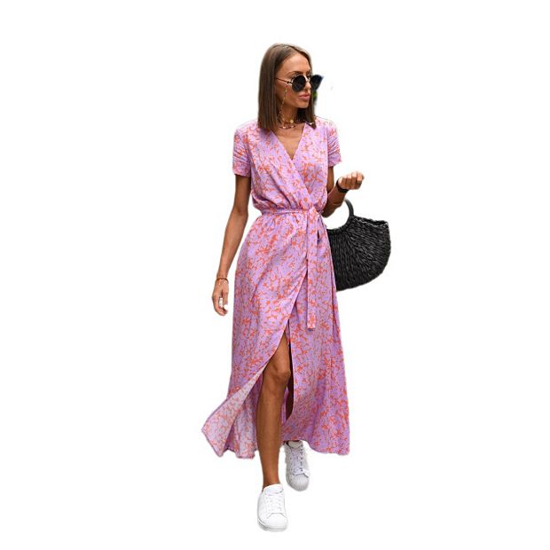 Women's Summer Casual Wrap V Neck Maxi Dress Short Sleeve Boho Floral Dress with Belt Pink XXL