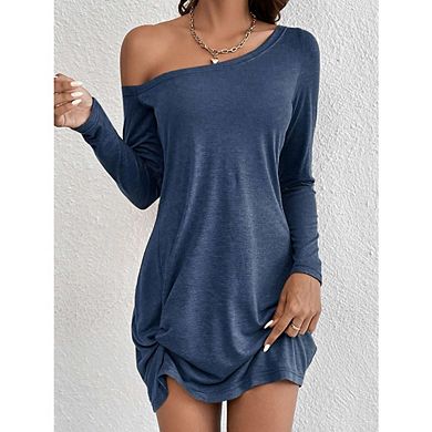 Off The Shoulder Dresses for Women Long Sleeve Solid Color Dress Ruched Cocktail Party Mini Dress