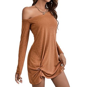 Off The Shoulder Dresses for Women Long Sleeve Solid Color Dress Ruched Cocktail Party Mini Dress