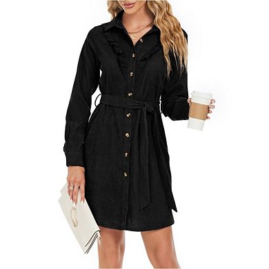 Women's Corduroy Button Front Ruffle Hem High Waist Dress With Belt