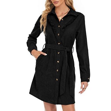 Women's Corduroy Button Front Ruffle Hem High Waist Dress With Belt