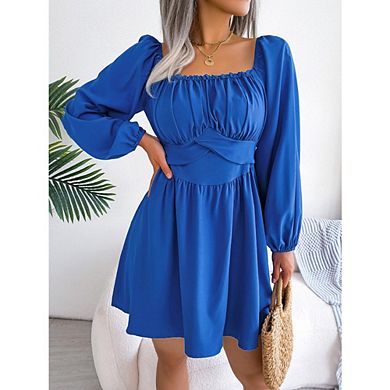 Womens Long Lantern Sleeve Square Neck Dress Elastic Waist Ruffle Flowy Swing A-Line Short Dresses