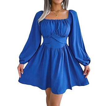 Womens Long Lantern Sleeve Square Neck Dress Elastic Waist Ruffle Flowy Swing A-Line Short Dresses