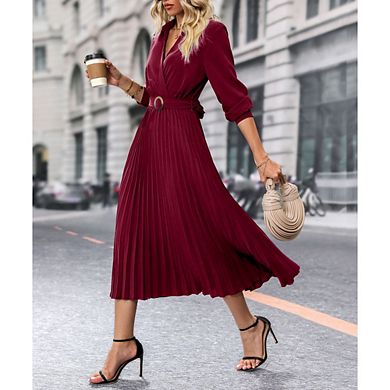 Women Long Sleeve Flared A Line Dress Wedding Guest Casual Semi Formal Office Lady Dresses with Belt