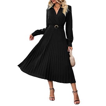 Women Long Sleeve Flared A Line Dress Wedding Guest Casual Semi Formal Office Lady Dresses with Belt