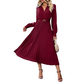 Women Long Sleeve Flared A Line Dress Wedding Guest Casual Semi Formal Office Lady Dresses with Belt
