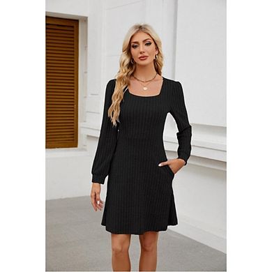 Womens Long Sleeve Fall Casual Square Neck Sweater Dress Casual Solid Ribbed Knit Sweater Dress