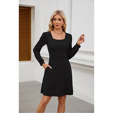 Womens Long Sleeve Fall Casual Square Neck Sweater Dress Casual Solid Ribbed Knit Sweater Dress