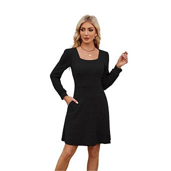 Womens Long Sleeve Fall Casual Square Neck Sweater Dress Casual Solid Ribbed Knit Sweater Dress