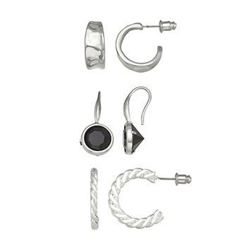 Emberly 3-Pair Silver-Tone Hoop & Stud Earring Set