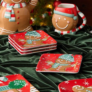 Certified International Christmas Whimsy Set of 4 Gingerbread Canape Plates 6 Inches