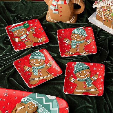 Certified International Christmas Whimsy Set of 4 Gingerbread Canape Plates 6 Inches