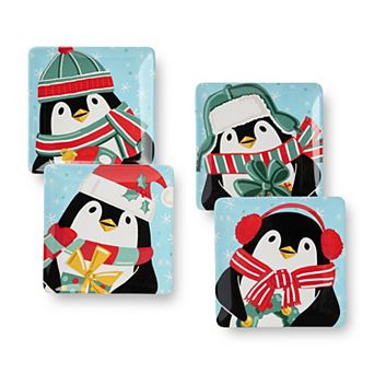 Certified International Christmas Whimsy Set of 4 Penguin Dessert Plates 8.5 Inches