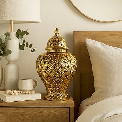 Stella & Eve Gold Ceramic Decorative Jar with Geometric Cutout Lid