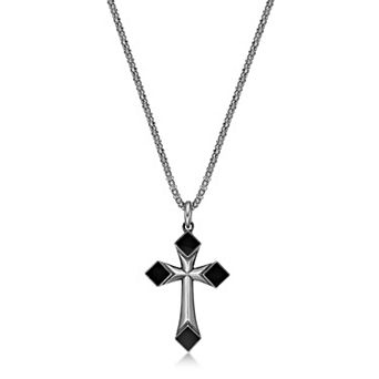 Men's LYNX Sterling Silver Black Onyx Cross Pendant Necklace