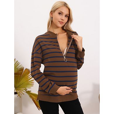 Women's Maternity Tunic High Low Tops Half Zip Long Sleeve Mock Neck Side Slit Striped Blouse