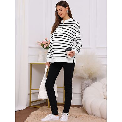 Women's Maternity Tunic High Low Tops Half Zip Long Sleeve Mock Neck Side Slit Striped Blouse