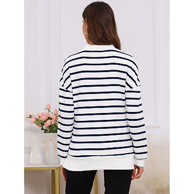 Women's Maternity Tunic High Low Tops Half Zip Long Sleeve Mock Neck Side Slit Striped Blouse