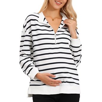 Women's Maternity Tunic High Low Tops Half Zip Long Sleeve Mock Neck Side Slit Striped Blouse