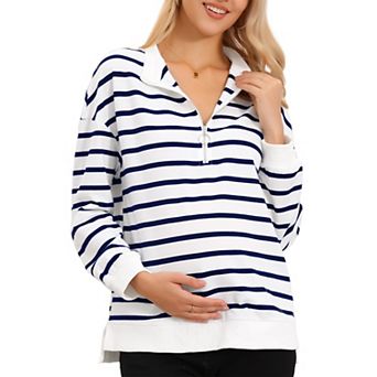 Women's Maternity Tunic High Low Tops Half Zip Long Sleeve Mock Neck Side Slit Striped Blouse