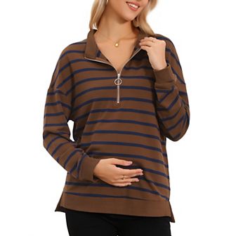 Women's Maternity Tunic High Low Tops Half Zip Long Sleeve Mock Neck Side Slit Striped Blouse