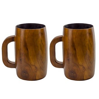 16oz Teak Wood Coffee Mugs, 2 pk Rustic Wooden Drinkware Set