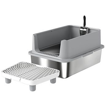 PawHut XL Stainless Steel Cat Litter Box High Sided Include Scoop & Pad