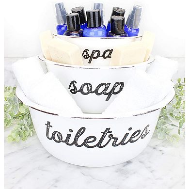 White Enamel Spa Basin Set, 3pc; Rustic Farmhouse Style Wash Basins