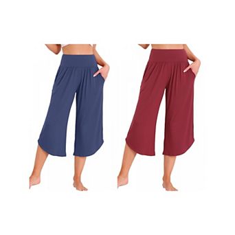 2 Packs Women's Capri Lounge Yoga Cropped Casual Wide Leg with Pockets Workout Sweat Pajama Pants
