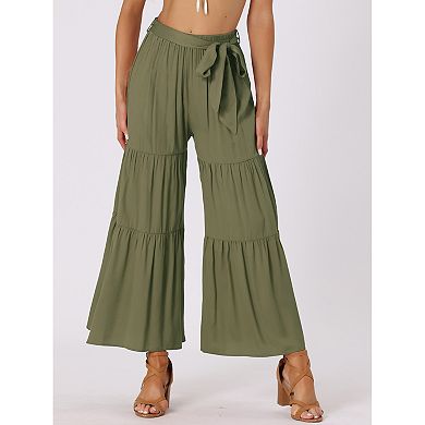 2 Packs Women's Boho Elastic High Waisted Tie Waist Ruffle Hem Wide Leg Palazzo Pants