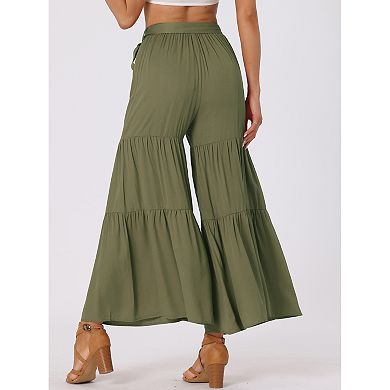 2 Packs Women's Boho Elastic High Waisted Tie Waist Ruffle Hem Wide Leg Palazzo Pants