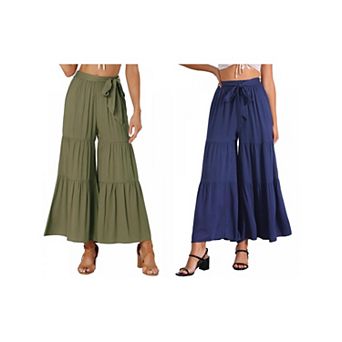 2 Packs Women's Boho Elastic High Waisted Tie Waist Ruffle Hem Wide Leg Palazzo Pants