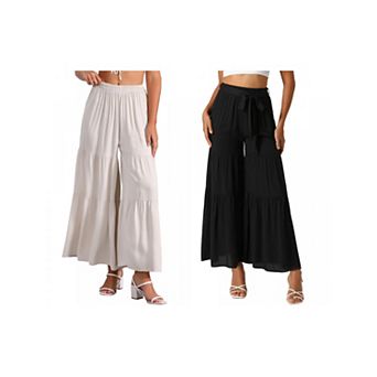 2 Packs Women's Boho Elastic High Waisted Tie Waist Ruffle Hem Wide Leg Palazzo Pants