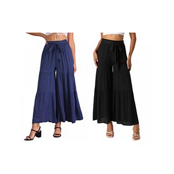 2 Packs Women's Boho Elastic High Waisted Tie Waist Ruffle Hem Wide Leg Palazzo Pants