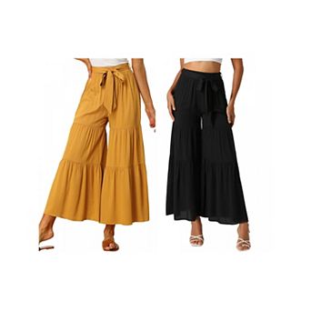 2 Packs Women's Boho Elastic High Waisted Tie Waist Ruffle Hem Wide Leg Palazzo Pants