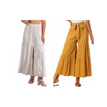 2 Packs Women's Boho Elastic High Waisted Tie Waist Ruffle Hem Wide Leg Palazzo Pants