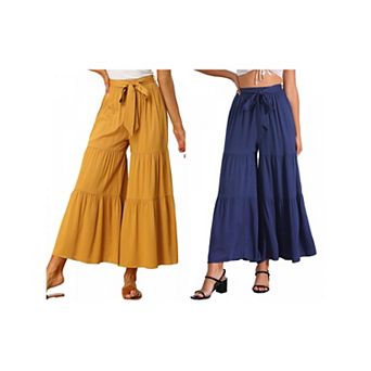 2 Packs Women's Boho Elastic High Waisted Tie Waist Ruffle Hem Wide Leg Palazzo Pants