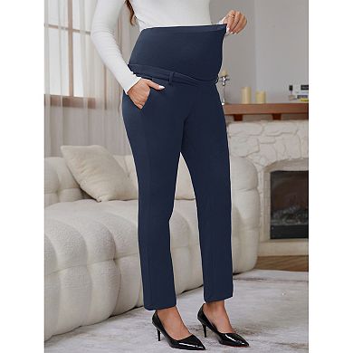 Women's Maternity Pants Over the Belly High Waisted Business Office Pregnancy Trousers with Pockets