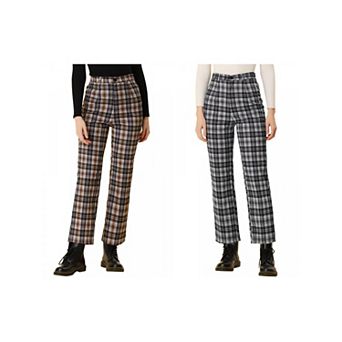 2 Packs Women's Casual Plaid Pants Elastic High Waist Work Trousers
