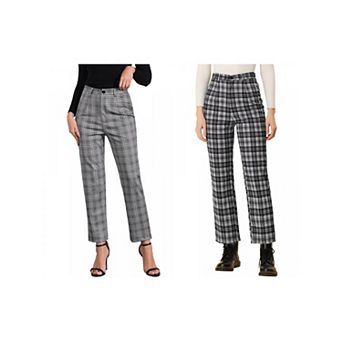 2 Packs Women's Casual Plaid Pants Elastic High Waist Work Trousers