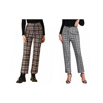 2 Packs Women's Casual Plaid Pants Elastic High Waist Work Trousers