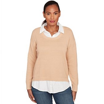 Hearts of Palm Plus Size Neutral Ground Solid Textured Stripe Twofer Sweater