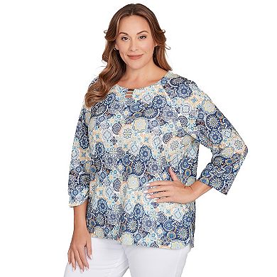 Hearts of Palm Plus Size The Blueprint Printed Hatchi 3/4 Sleeve Top