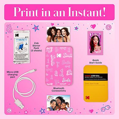 Barbie x Kodak Step Slim Wireless Instant Portable Photo Printer, 2x3" Full Color Photo Printer