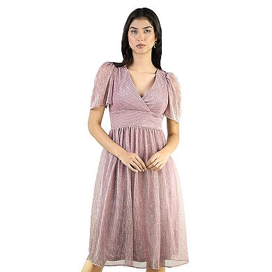 Artyska Women’s Glitter V-Neck Puff Sleeve Midi Dress