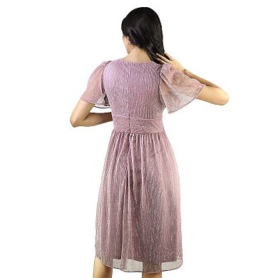 Artyska Women’s Glitter V-Neck Puff Sleeve Midi Dress