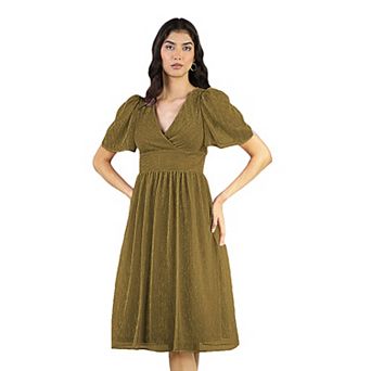 Artyska Women’s Glitter V-Neck Puff Sleeve Midi Dress