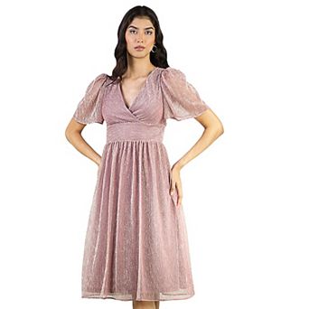 Artyska Women’s Glitter V-Neck Puff Sleeve Midi Dress
